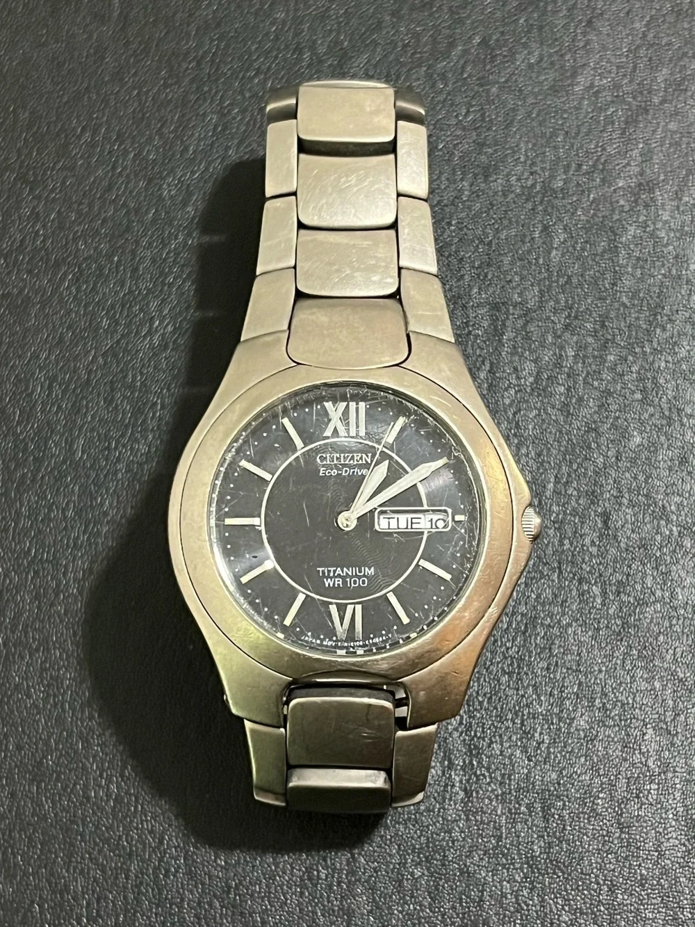 Citizen Eco-Drive Titanium Men’s Watch Navy Blue Dial Day Date WR100 Silver